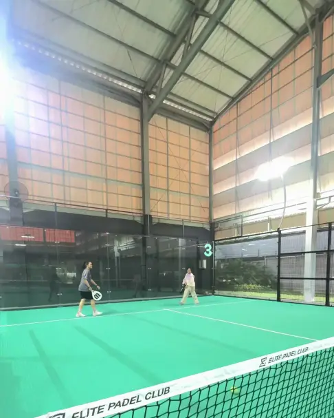 Teal-turf panoramic court